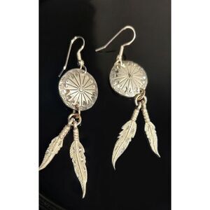 Vtg. Southwest Concho Earrings Feather Drops  2.75" Silver Tone Boho Cowgirl